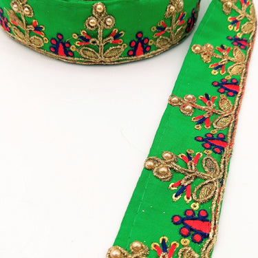 Green Art Silk Trim In Red And Gold Embroidery, Approx. 32mm wide, Decorative Trim